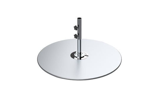 The Galvanized Steel Stack Umbrella Base by Ledge Lounger features a round, smooth silver design akin to a cymbal on a vertical stand with adjustable components similar to those in Traditional Umbrella Compatibility Matrices, perfect for minimalist aesthetics and musical purposes.