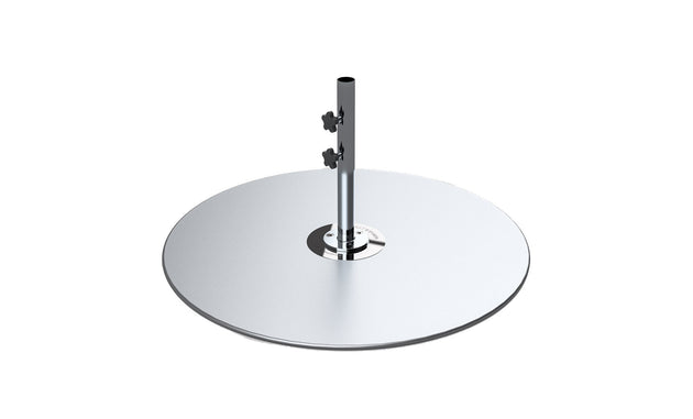 The Galvanized Steel Stack Umbrella Base by Ledge Lounger features a round, smooth silver design akin to a cymbal on a vertical stand with adjustable components similar to those in Traditional Umbrella Compatibility Matrices, perfect for minimalist aesthetics and musical purposes.