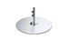 The Galvanized Steel Stack Umbrella Base by Ledge Lounger features a round, smooth silver design akin to a cymbal on a vertical stand with adjustable components similar to those in Traditional Umbrella Compatibility Matrices, perfect for minimalist aesthetics and musical purposes.