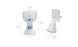 Two images of the Ledge Lounger Hoopstr white basketball hoop set with blue accents are shown. Perfect for backyard games, it has dimensions: front view - height 55 in, rim diameter 16 in, rim height 36 in, width 33.5 in; side view - length 40 in and width 20.5 in.