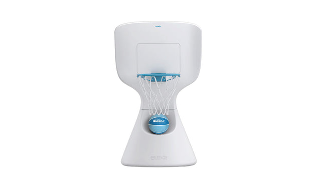Introducing Ledge Loungers Hoopstr: a sleek, modern white and blue tabletop basketball hoop set. With minimalistic style and branding on the base and backboard, it brings a slice of backyard basketball right to your desk.