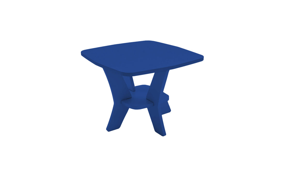 The Mainstay Square Side Table by Ledge Lounger features a modern blue design with a square top and abstract geometric legs, plus a small lower shelf for storage or display. Available as a final sale item.