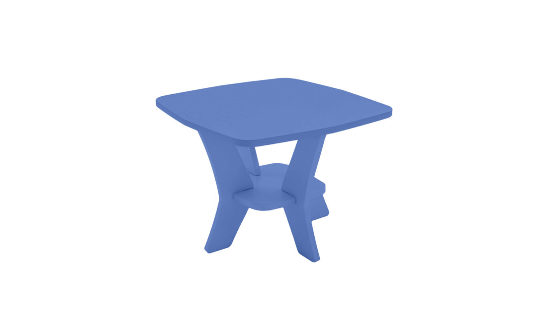 A compact blue side table from Ledge Loungers Mainstay collection, featuring a square top and elegant curved legs. Final sale item.