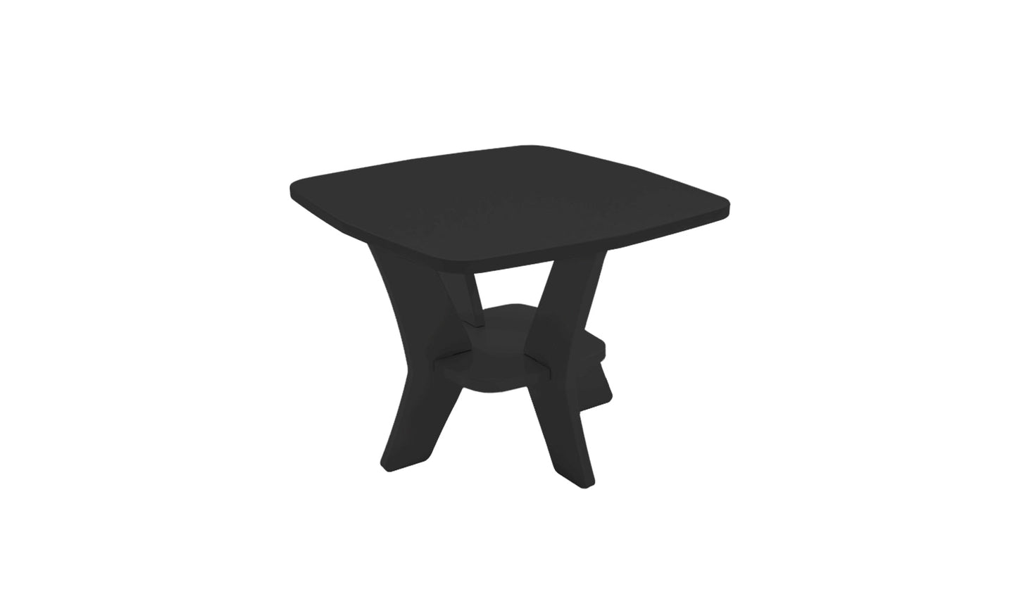 Introducing the Mainstay Square Side Table by Ledge Lounger, a modern black addition to your outdoor patio. With a thick flat top and four sturdy legs converging into central support, its minimalist design features sleek lines perfect for any contemporary setting.
