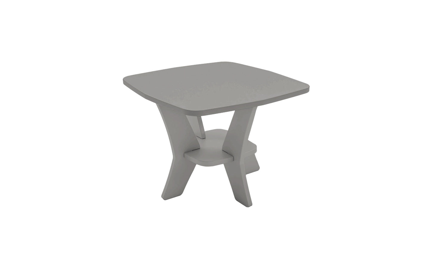 The Mainstay Square Side Table by Ledge Lounger is a modern gray wooden piece with unique angled legs and a small lower shelf. Crafted for minimalist and geometric appeal, it enhances any outdoor patio setting, strikingly displayed against a plain white backdrop.