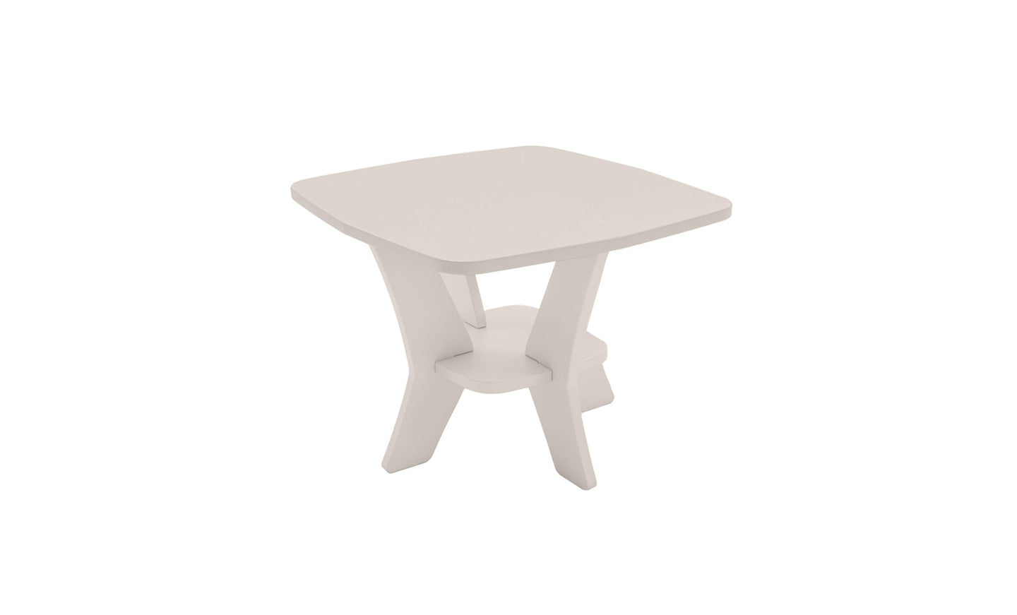The Mainstay Square Side Table by Ledge Lounger is a modern, minimalist piece in light beige, featuring slightly curved edges and a distinctive leg design where two legs curve inward to meet at a central circular shelf. Note: This item is on final sale.