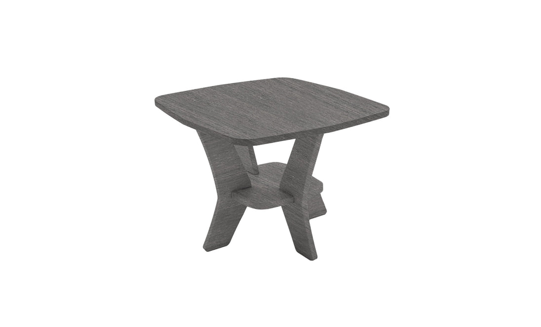 The Mainstay Square Side Table by Ledge Lounger boasts a modern geometric design with angled legs and a lower shelf beneath its gray wooden top, making it an ideal stylish addition to your outdoor patio.