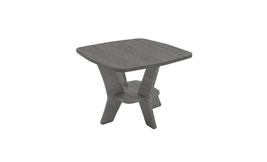 The Mainstay Square Side Table by Ledge Lounger boasts a modern geometric design with angled legs and a lower shelf beneath its gray wooden top, making it an ideal stylish addition to your outdoor patio.