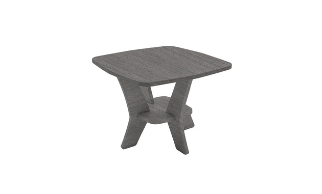The Mainstay Square Side Table by Ledge Lounger boasts a modern geometric design with angled legs and a lower shelf beneath its gray wooden top, making it an ideal stylish addition to your outdoor patio.