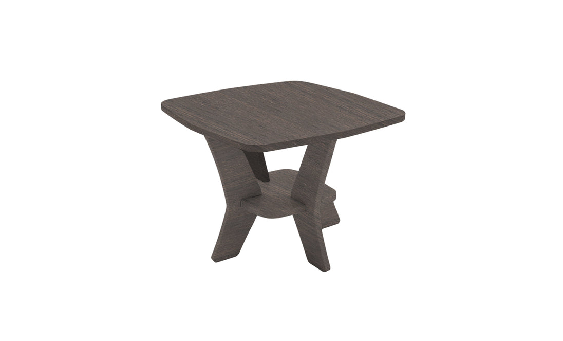 The image displays the Mainstay Square Side Table by Ledge Lounger, featuring a small, dark wooden square top and an intersecting X-shaped base, set against a plain white background. Final Sale.