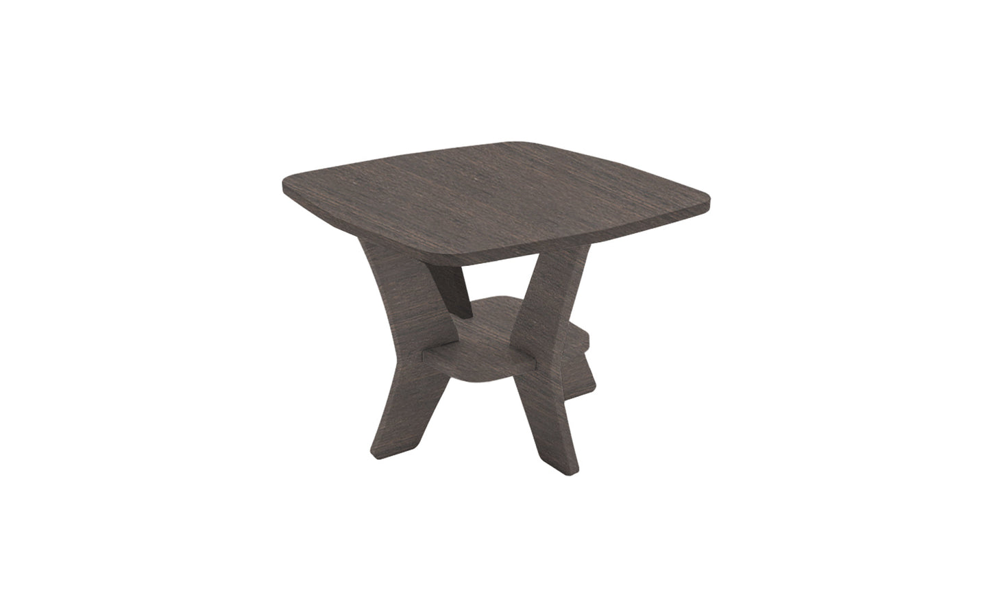 The image displays the Mainstay Square Side Table by Ledge Lounger, featuring a small, dark wooden square top and an intersecting X-shaped base, set against a plain white background. Final Sale.