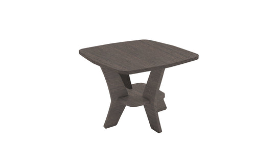 The image displays the Mainstay Square Side Table by Ledge Lounger, featuring a small, dark wooden square top and an intersecting X-shaped base, set against a plain white background. Final Sale.