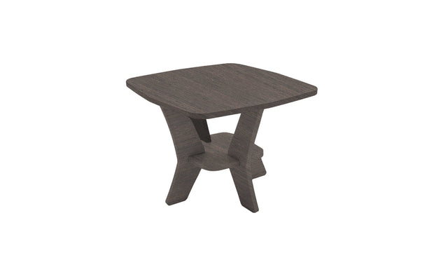 The image displays the Mainstay Square Side Table by Ledge Lounger, featuring a small, dark wooden square top and an intersecting X-shaped base, set against a plain white background. Final Sale.