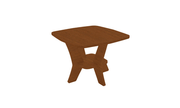 The Mainstay Square Side Table by Ledge Lounger is a modern, compact wooden piece with a square top and unique cross-legged support. It features a central shelf, smooth angular lines, and a warm brown finish. Final sale item.
