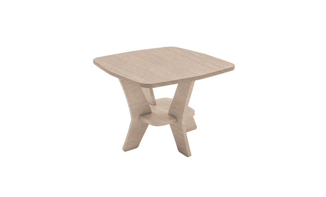 Introducing the Mainstay Square Side Table by Ledge Lounger: a compact, light brown wooden table with a square top. Its standout design features two interlocking supports forming an X shape, offering a smooth and minimalist aesthetic. (Final Sale).