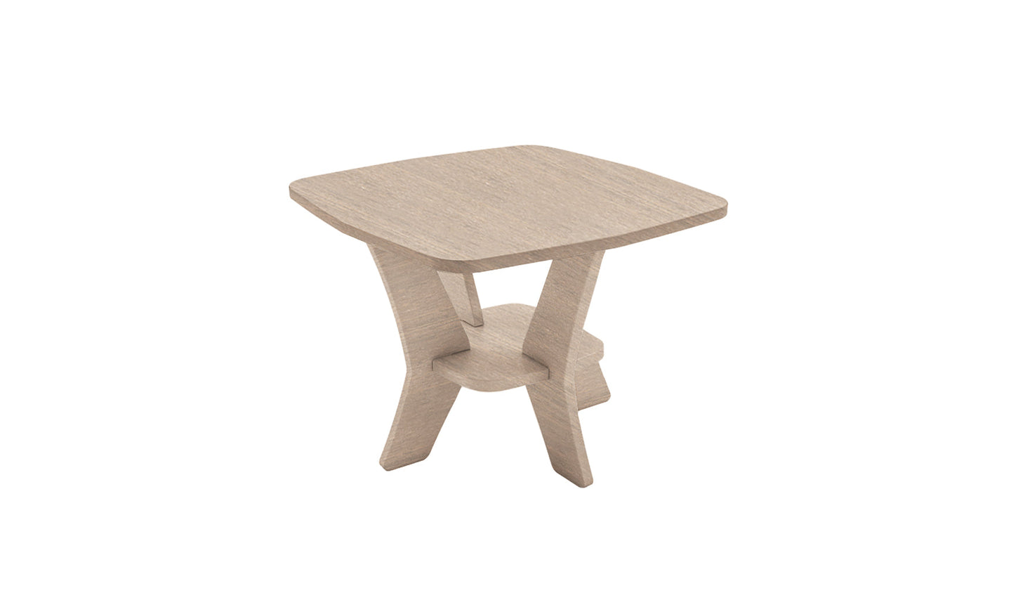 Introducing the Mainstay Square Side Table by Ledge Lounger: a compact, light brown wooden table with a square top. Its standout design features two interlocking supports forming an X shape, offering a smooth and minimalist aesthetic. (Final Sale).