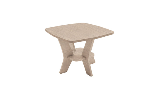 Introducing the Mainstay Square Side Table by Ledge Lounger: a compact, light brown wooden table with a square top. Its standout design features two interlocking supports forming an X shape, offering a smooth and minimalist aesthetic. (Final Sale).