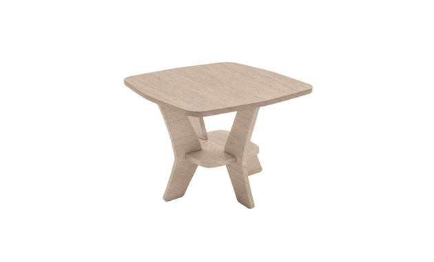 Introducing the Mainstay Square Side Table by Ledge Lounger: a compact, light brown wooden table with a square top. Its standout design features two interlocking supports forming an X shape, offering a smooth and minimalist aesthetic. (Final Sale).