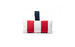 The Autograph Headrest Pillow by Ledge Lounger features red and white vertical stripes with a dark blue handle. Made from marine-grade fabric, its ideal for in-pool relaxation against a plain white background.