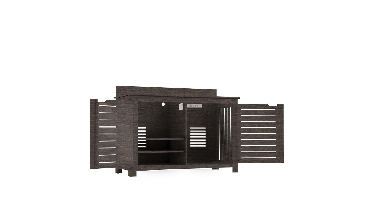The Mainstay Bar Credenza by Ledge Lounger features slatted doors, a dark finish, and flat top. Inside, it offers two shelves on one side and an open space on the other, perfect for storage or display. Final sale item.