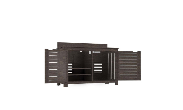 The Mainstay Bar Credenza by Ledge Lounger features slatted doors, a dark finish, and flat top. Inside, it offers two shelves on one side and an open space on the other, perfect for storage or display. Final sale item.