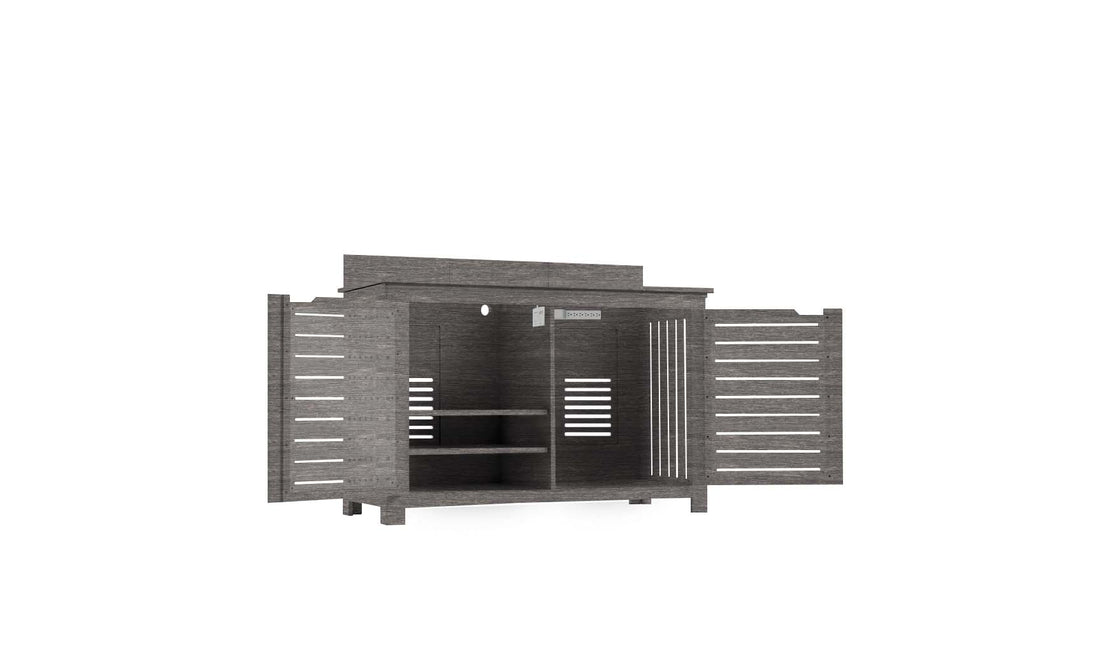 The Ledge Lounger Mainstay Bar Credenza, a dark wood TV stand with open slatted doors, offers ample storage with two interior shelves and a spacious top. Its modern minimalist design suits both outdoor entertainment and indoor use.