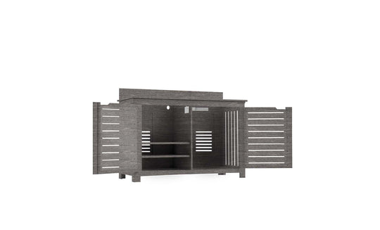 The Ledge Lounger Mainstay Bar Credenza, a dark wood TV stand with open slatted doors, offers ample storage with two interior shelves and a spacious top. Its modern minimalist design suits both outdoor entertainment and indoor use.