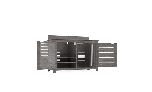 The Ledge Lounger Mainstay Bar Credenza, a dark wood TV stand with open slatted doors, offers ample storage with two interior shelves and a spacious top. Its modern minimalist design suits both outdoor entertainment and indoor use.
