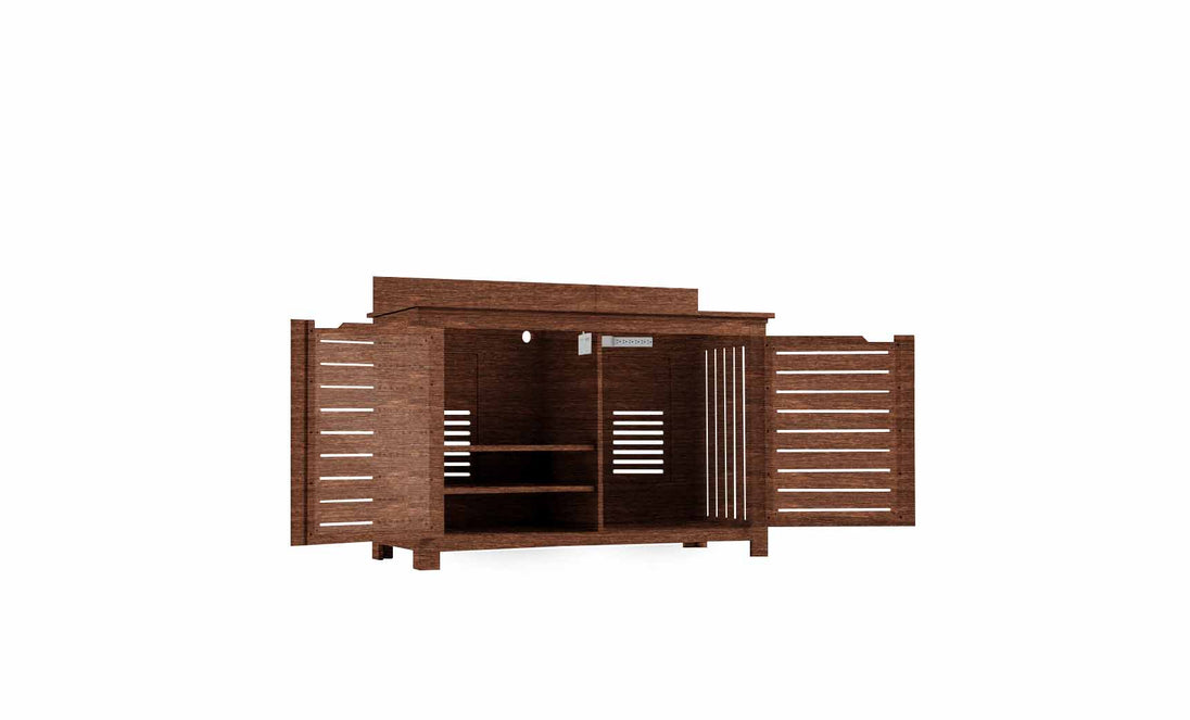 Introducing the Ledge Lounger Mainstay Bar Credenza, featuring elegant wooden construction with two open slatted doors and a raised top. It offers spacious interior storage with two shelves and vertical slats for ventilation, embodying minimalist design that highlights natural wood grain.