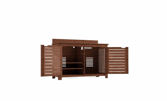 Introducing the Ledge Lounger Mainstay Bar Credenza, featuring elegant wooden construction with two open slatted doors and a raised top. It offers spacious interior storage with two shelves and vertical slats for ventilation, embodying minimalist design that highlights natural wood grain.