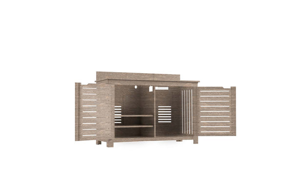The Mainstay Bar Credenza by Ledge Lounger boasts slatted doors opening to ample storage with two shelves. Its light brown finish and rustic design suit outdoor entertainment, while the elevated base and rectangular shape add style.