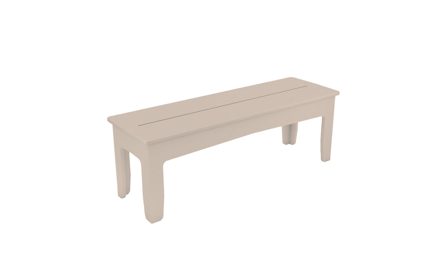 The Mainstay Dining Bench by Ledge Lounger is a simple, beige wooden bench with a flat seat and four legs, ideal for outdoor dining. Shown against a white backdrop, it boasts a minimalist design with subtle grooves on the seat reflecting Ledge Loungers elegant style.