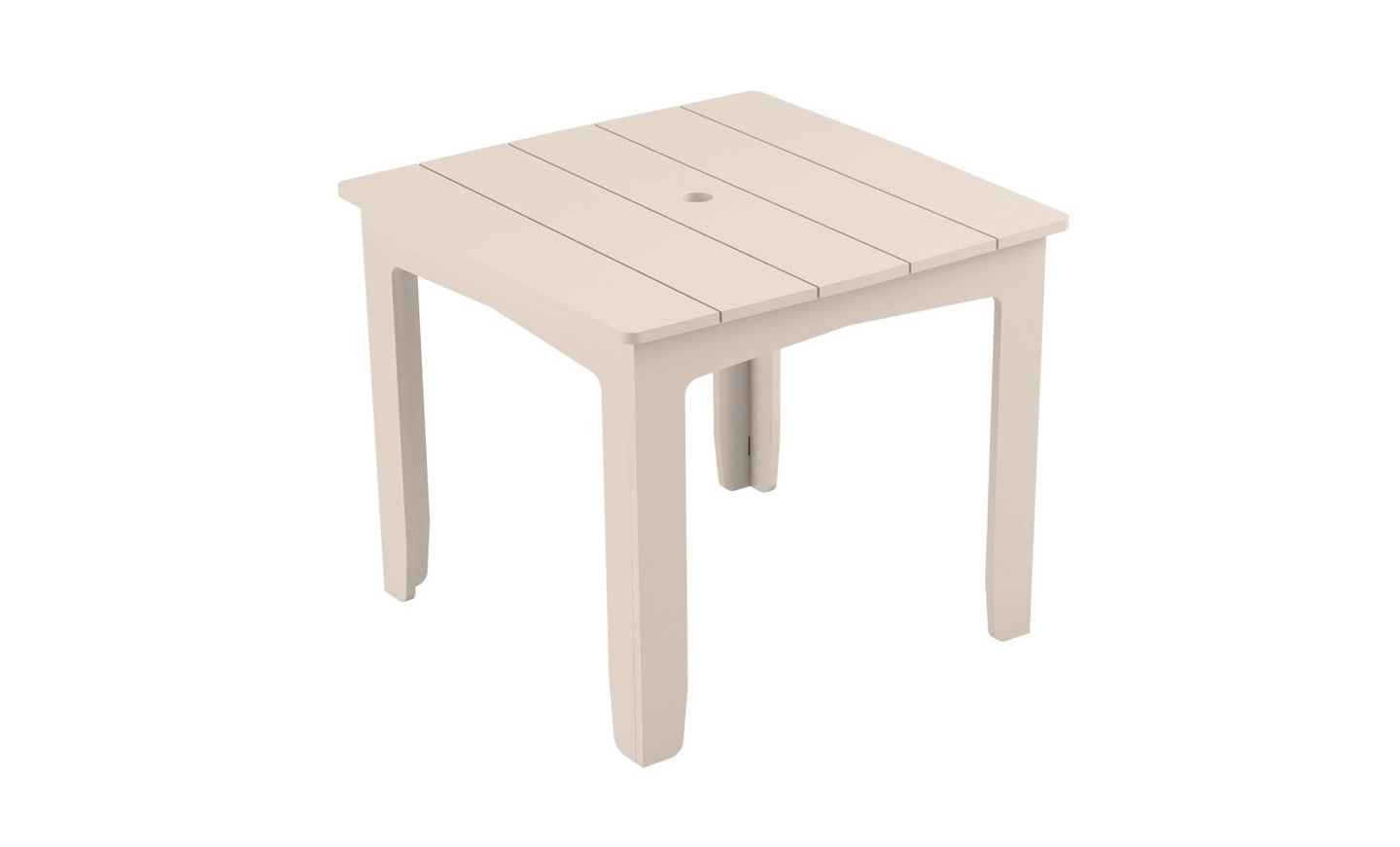 The Mainstay Square Dining Table by Ledge Lounger is a compact beige outdoor dining table featuring a slatted top with an umbrella sleeve, four straight legs, and an elegant style.