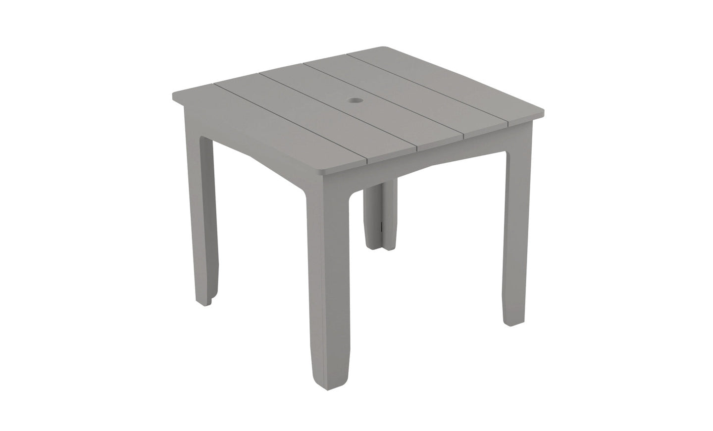 The Ledge Lounger Mainstay Square Dining Table is a simple, square, light gray plastic table with a slatted top and four sturdy legs. It includes a built-in umbrella sleeve, perfect for outdoor dining in gardens or patios, combining style and functionality effortlessly.