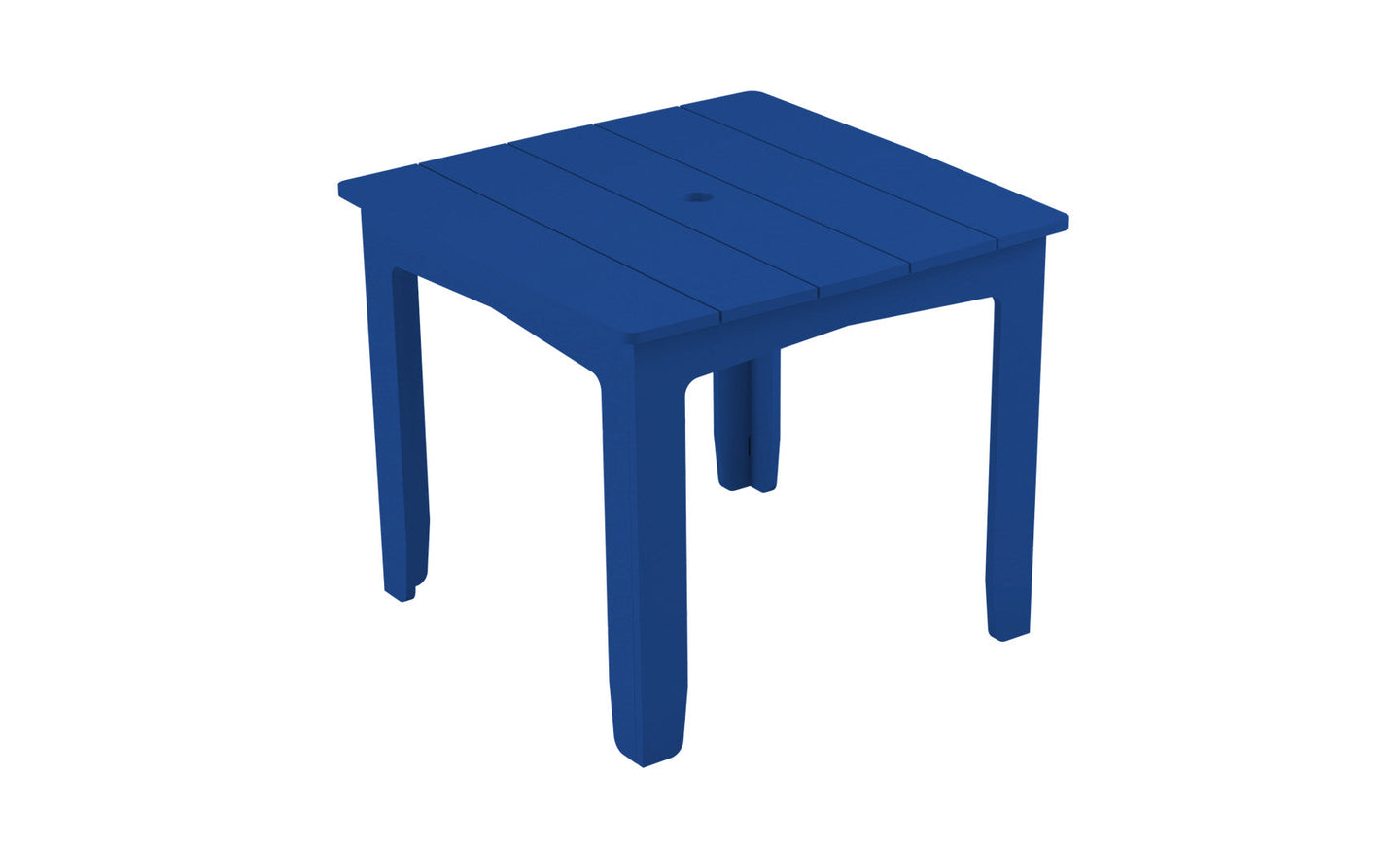 The Mainstay Square Dining Table by Ledge Lounger is a blue plastic table with a slatted top, four legs, and an umbrella sleeve at the center. Perfect for outdoor dining, its pictured against a plain white background.