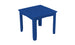 The Mainstay Square Dining Table by Ledge Lounger is a blue plastic table with a slatted top, four legs, and an umbrella sleeve at the center. Perfect for outdoor dining, its pictured against a plain white background.