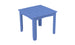 The Mainstay Square Dining Table by Ledge Lounger is a blue plastic table with a slatted top and four sturdy legs, ideal for outdoor dining. It includes a central umbrella sleeve and is showcased on a white background to emphasize its practical design.
