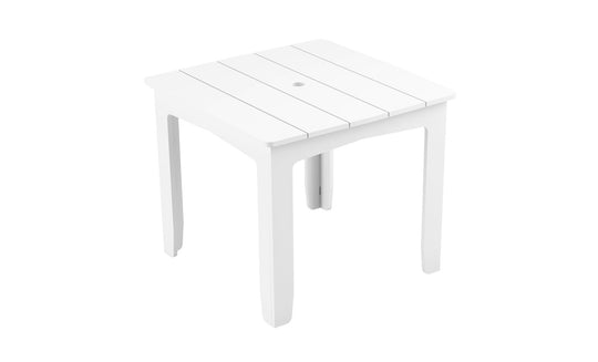 The Mainstay Square Dining Table by Ledge Lounger is white with a slatted top and four sturdy legs, ideal for outdoor dining. It includes a built-in umbrella sleeve in the center and is elegantly displayed against a plain white background.