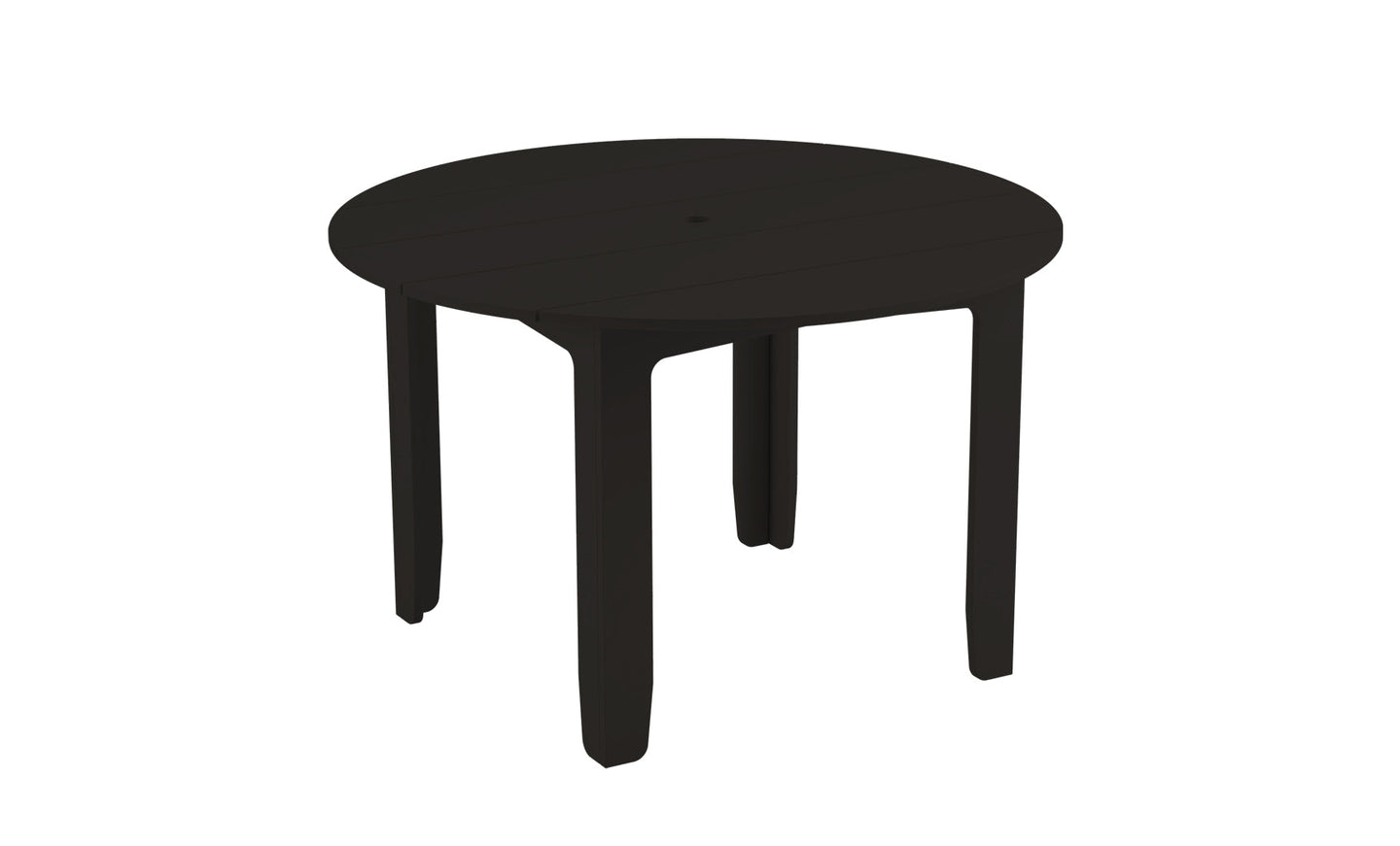 The Mainstay Round Dining Table by Ledge Lounger is a simple black round table ideal for outdoor dining. Crafted from durable plastic, it has four sturdy legs, a built-in umbrella sleeve at the center, and subtle slats on the tabletop for a clean and modern look.