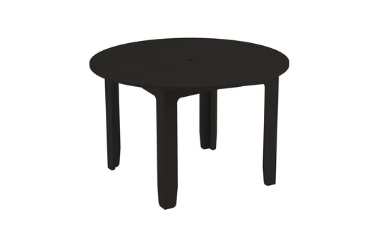 The Mainstay Round Dining Table by Ledge Lounger is a simple black round table ideal for outdoor dining. Crafted from durable plastic, it has four sturdy legs, a built-in umbrella sleeve at the center, and subtle slats on the tabletop for a clean and modern look.