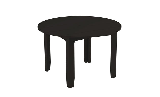 The Mainstay Round Dining Table by Ledge Lounger is a simple black round table ideal for outdoor dining. Crafted from durable plastic, it has four sturdy legs, a built-in umbrella sleeve at the center, and subtle slats on the tabletop for a clean and modern look.