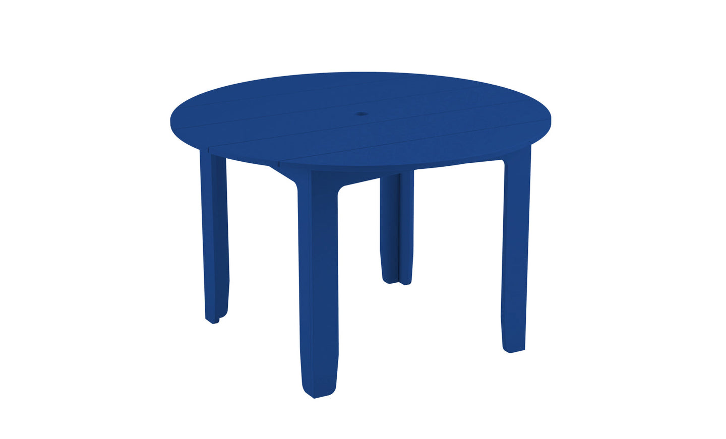 The Mainstay Round Dining Table by Ledge Lounger is a simple blue table with a slatted top and four sturdy legs, ideal for outdoor dining. It boasts a sleek design with a built-in umbrella sleeve, perfect for sunny days, set against a crisp white background.