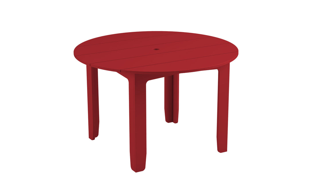 The Mainstay Round Dining Table by Ledge Lounger features a vibrant red color, round shape, four sturdy legs, and a built-in umbrella sleeve in its plastic tabletop, making it ideal for both indoor and outdoor dining.