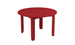 The Mainstay Round Dining Table by Ledge Lounger features a vibrant red color, round shape, four sturdy legs, and a built-in umbrella sleeve in its plastic tabletop, making it ideal for both indoor and outdoor dining.