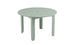 The Mainstay Round Dining Table by Ledge Lounger is light green and round, ideal for outdoor dining. It features four angled legs, a slatted surface, and a built-in umbrella sleeve at its center.