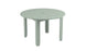 The Mainstay Round Dining Table by Ledge Lounger is light green and round, ideal for outdoor dining. It features four angled legs, a slatted surface, and a built-in umbrella sleeve at its center.