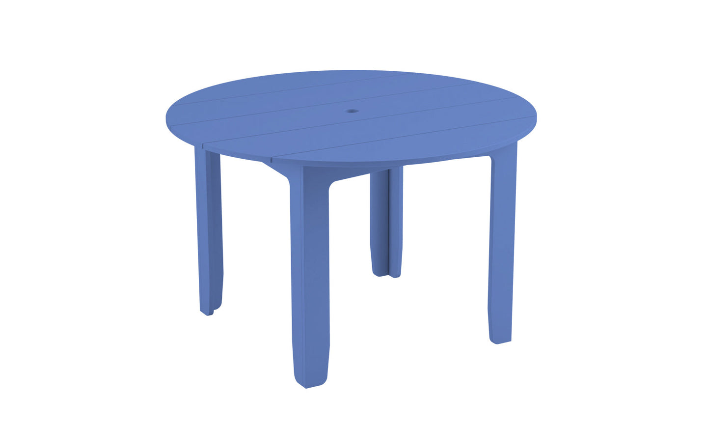The blue, round Mainstay Dining Table by Ledge Lounger has four straight legs and an umbrella sleeve, perfect for outdoor dining. Set against a white background, its ideal for al fresco meals.