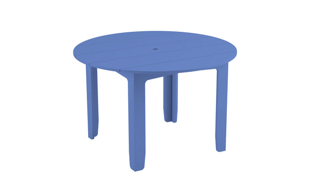 The blue, round Mainstay Dining Table by Ledge Lounger has four straight legs and an umbrella sleeve, perfect for outdoor dining. Set against a white background, its ideal for al fresco meals.