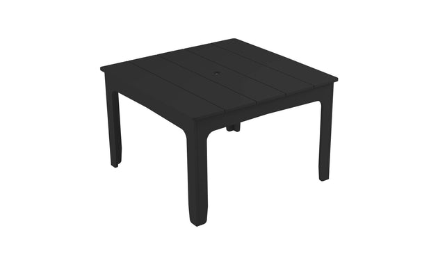 The Ledge Lounger Mainstay Square Dining Table, perfect for outdoor dining, features a black slatted top with four straight legs and a built-in umbrella sleeve at the center, offering simple and functional design ideal for any patio setup.