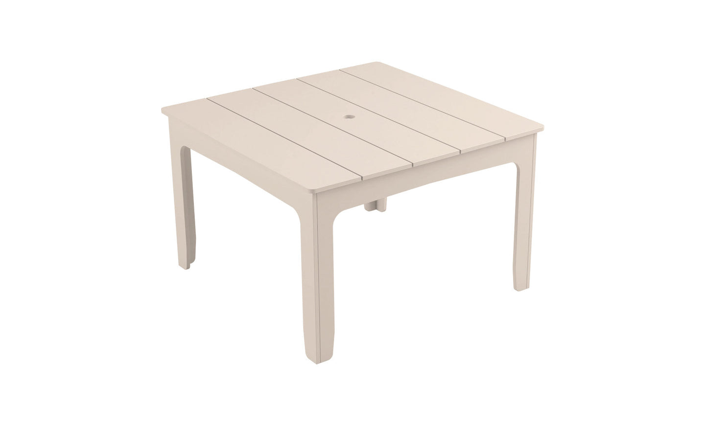 The Mainstay Square Dining Table by Ledge Lounger is beige with a slatted top and built-in umbrella sleeve. Its simple, straight legs enhance the minimalist design, making it ideal for outdoor dining.